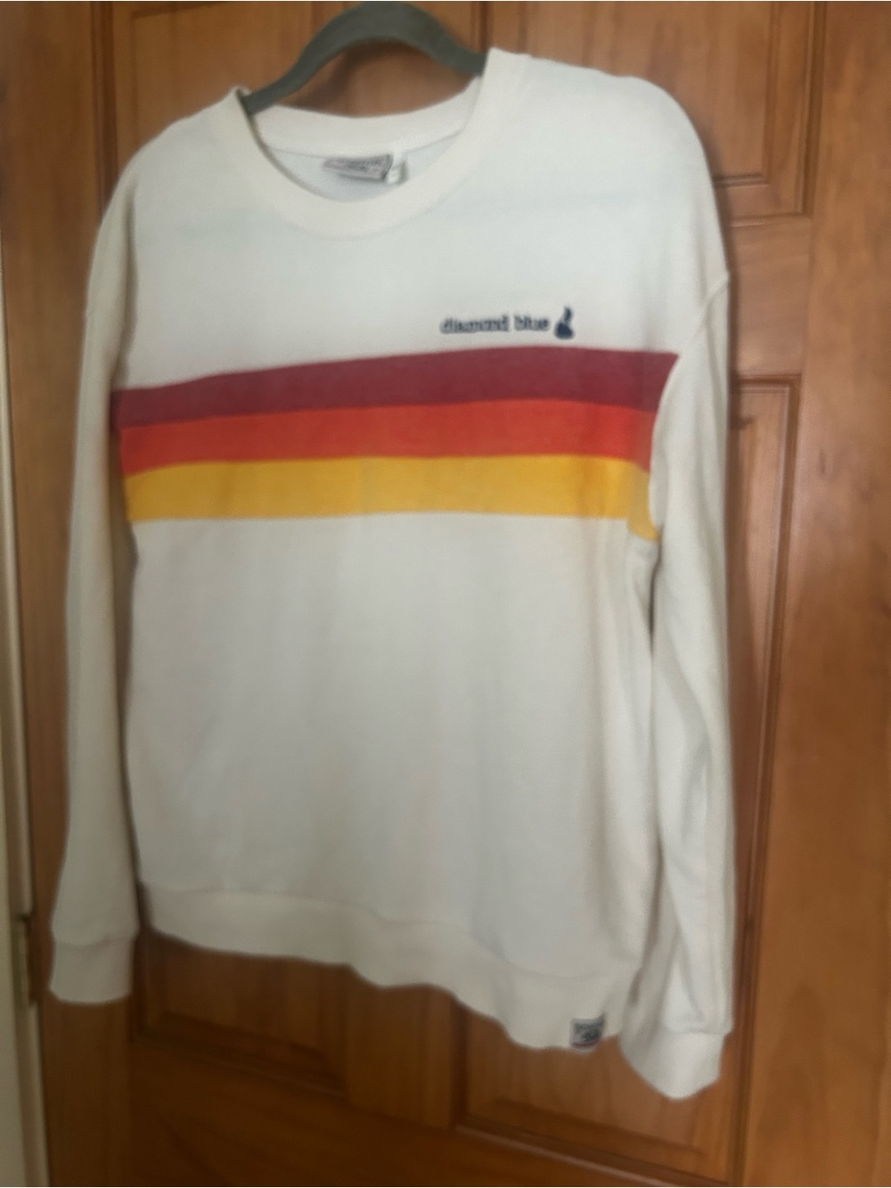 Diamond Blue Cream Crewneck Sweatshirt with Red-Orange-Yellow Stripes